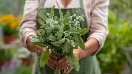 An instructor holding up a bouquet of aromatic sage leaves explaining their flavor profile and culinary uses.