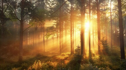Obraz premium A serene forest landscape at dawn, with golden light filtering through misty trees. Generative AI