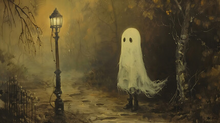 A cute ghost standing by a street lamp on Halloween night