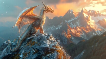 Crystal Dragon Perched on a Majestic Mountain Peak at Sunset