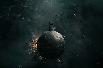 Big heavy wrecking ball on a chain is swinging and creating explosions on impact