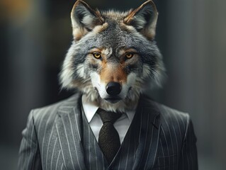 Determined Wolf in Pinstripe Suit with Serious Expression