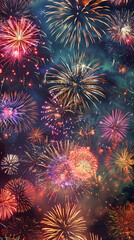 Fototapeta premium images of numerous fireworks floating in a clear, colorful sky 
