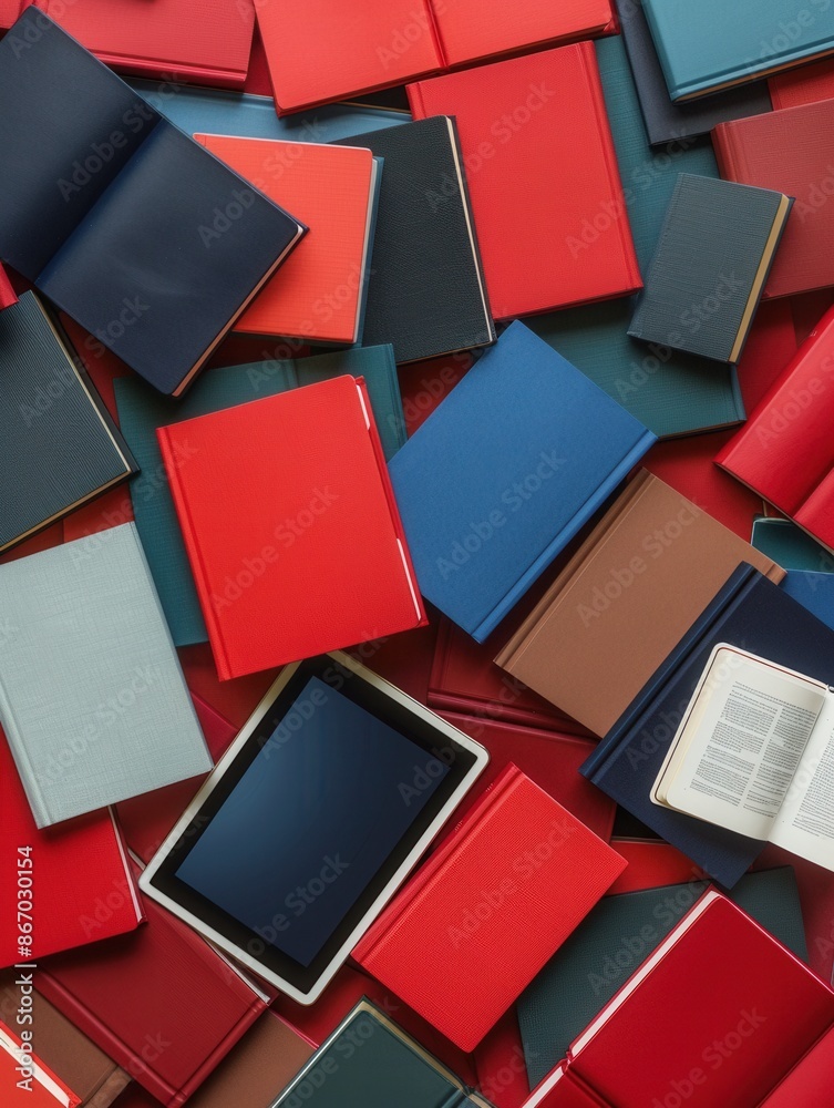 Aufkleber Colorful books and electronic devices like tablets and e-readers representing the modern world of digital learning. Generative AI