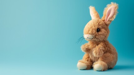 Toy brown bunny with a pink hear On a classic blue color background