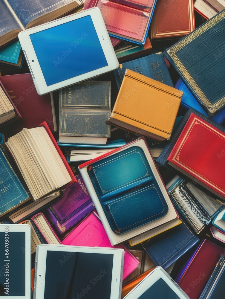 Leinwandbilder A close-up image of various tablets and e-readers showcasing digital educational materials, emphasizing the shift towards modern, online learning. Generative AI