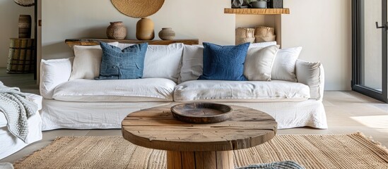 Comfortable sofa and wooden table in a contemporary living room