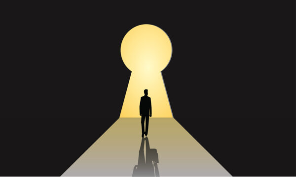 Une illustration d'un homme marchant dans une porte en forme de trou de serrure avec lumi&egrave;re Illustration de concept d'entreprise d'un homme d'affaires marchant vers un trou de cl&eacute; lumineux