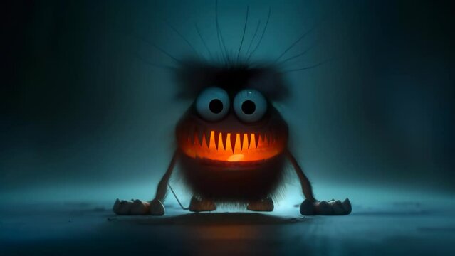 Fuzzy dark creature with large eyes and glowing orange mouth emerges from shadowy background. Round body and stubby arms create endearing silhouette. 