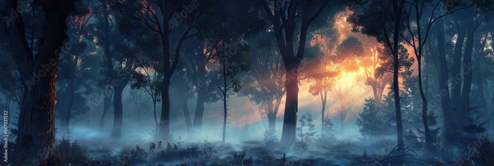 Aufkleber a serene forest scene at dawn, with mist and sunlight creating a mystical atmosphere. generative ai