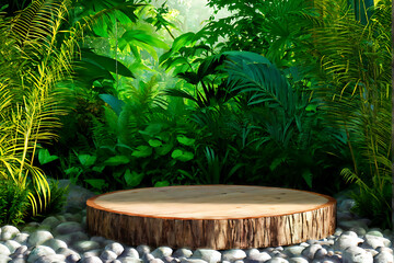 Obraz premium Background podium jungle product platform 3D green wood display pedestal. Background podium jungle tree nature leaf tropical cosmetic summer forest plant garden stage water presentation stone table. 