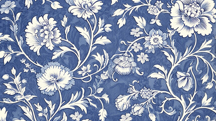 A beautiful antique French floral pattern, dark blue and white ink on paper, floral line art, floral patterns, seamless patterns, large flowers