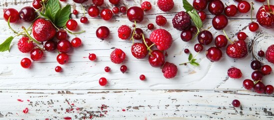 Summer Fruit Dessert Featuring Red Berries on a White Wooden Surface viewed from the Top
