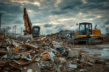 Demolition Site with Excavators and Debris