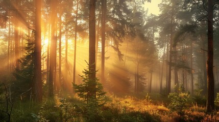 Fototapeta premium A serene forest scene at dawn, with sunlight filtering through the trees and illuminating the mist. Generative AI
