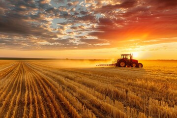 Fototapeta premium Red Tractor in a Golden Field at Sunset