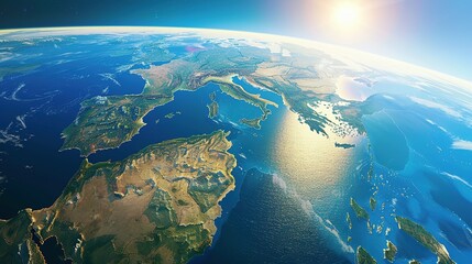 Digital world globe centered on America, illustrating global network and connectivity on Earth, data transfer, cyber technology, information exchange, and international telecommunication.