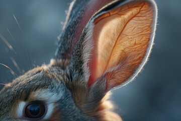 Close up of a wild rabbit listening intently with the setting sun illuminating its ear