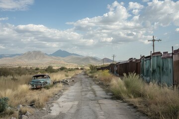 Abandoned car is rusting on a road near train tracks in the desert