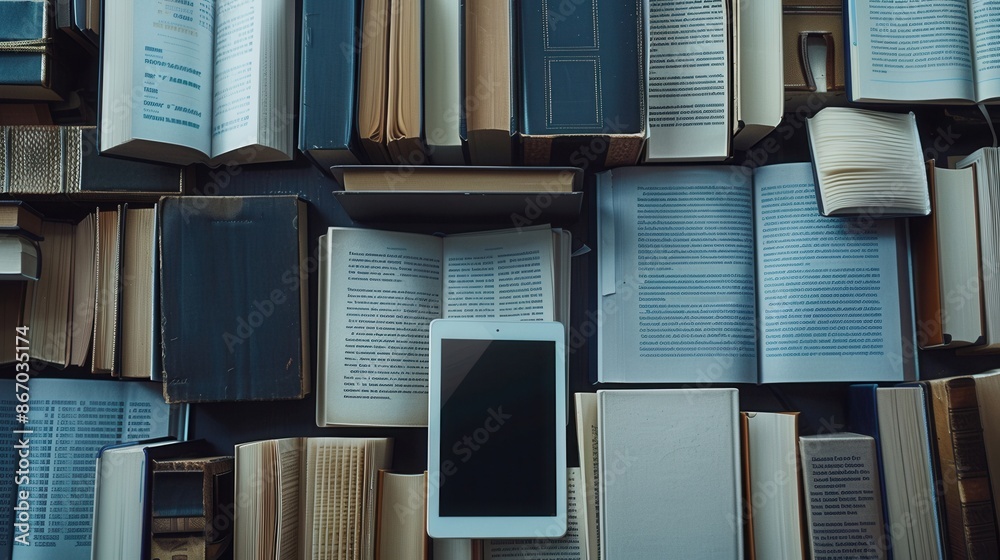 Leinwandbilder a white digital tablet and e-reader surrounded by various traditional books, showcasing the evolutio