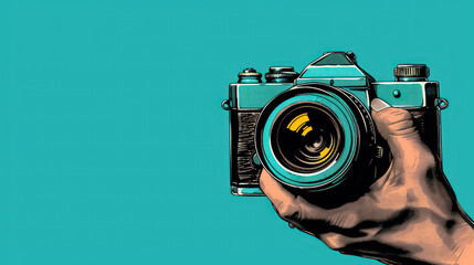 illustration of a hand holding a camera poster and banner. The World Photography Day concept