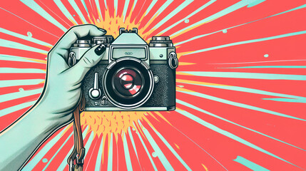 illustration of a hand holding a camera poster and banner. The World Photography Day concept