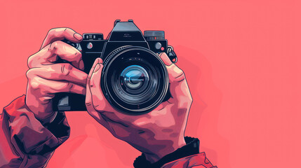 Fototapeta premium illustration of a hand holding a camera poster and banner. The World Photography Day concept