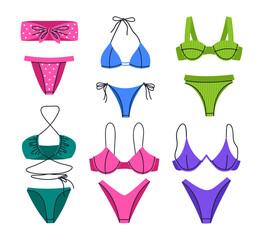 Colorful swimming wear. Women's beach fashion swimwear, stylish swimwear, bikini, bras and panties, flat vector illustration set. Summer vacation female garments