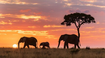 Obraz premium Elephant Family Silhouetted Against a Spectacular Snset on the Serengeti Plains of Africa. 