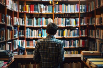 Student is standing in a library and choosing a book for research