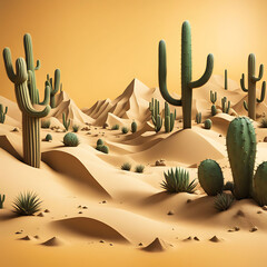 Stunning Desert Themed 3D Artwork Featuring a Solid Sandy Yellow Background with Vibrant Cacti, Expansive Sand Dunes, and Enigmatic Mirages for a Captivating Visual Experience