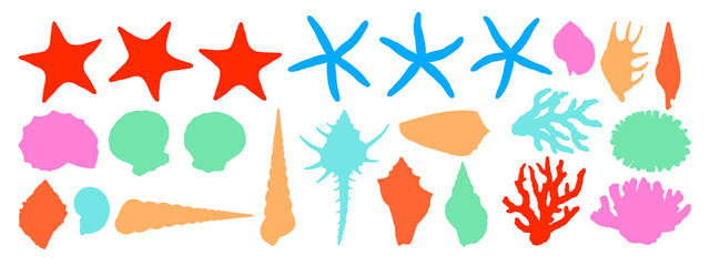 Colorful silhouette illustrations of various seashells, starfishes and corals isolated on transparent background