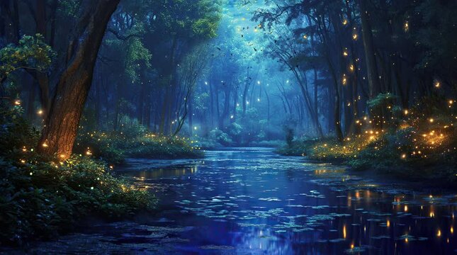 Mysterious swamp surrounded by a glowing forest, mystical and atmospheric scene
 Seamless looping 4k time-lapse virtual video animation background. Generated AI