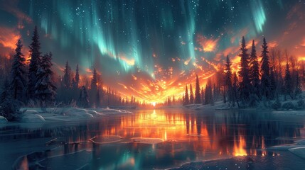 Naklejka premium Aurora Borealis over Frozen Lake