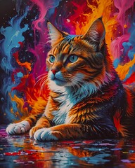 An abstract cat with acrylic style painting and vibrant colors. 