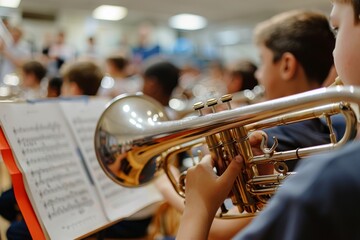 Fototapeta premium A Young Musician Playing the Trumpet in a Brass Band