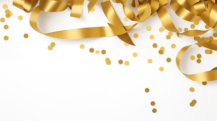 Festive Gold Ribbons and Confetti Spread on White Background for Celebrations