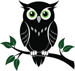 an owl is sitting on a branch with green leaves.