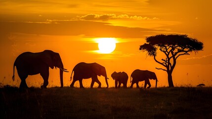Fototapeta premium Elephant Family Silhouetted Against a Spectacular Snset on the Serengeti Plains of Africa. 