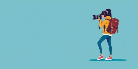 Travel photography adventurous woman with camera and backpack on blue background for lifestyle blogs and magazines