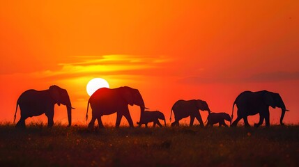 Fototapeta premium Elephant Family Silhouetted Against a Spectacular Snset on the Serengeti Plains of Africa. 