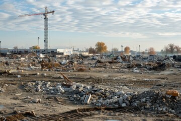 Demolition Site with Crane and Rubble