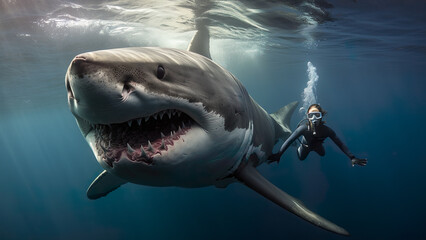 Fototapeta premium Great White Swimming - Shark, Adventure Photography, Outdoors, Nature, Sports