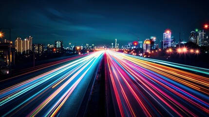 High-speed urban traffic on a city street during evening rush hour, with car headlights and busy night transport captured through motion blur lighting effects and abstract long exposure photography.