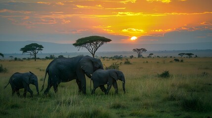 Elephant Family Silhouetted Against a Spectacular Snset on the Serengeti Plains of Africa. 