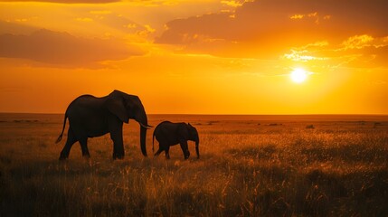 Fototapeta premium Elephant Family Silhouetted Against a Spectacular Snset on the Serengeti Plains of Africa. 