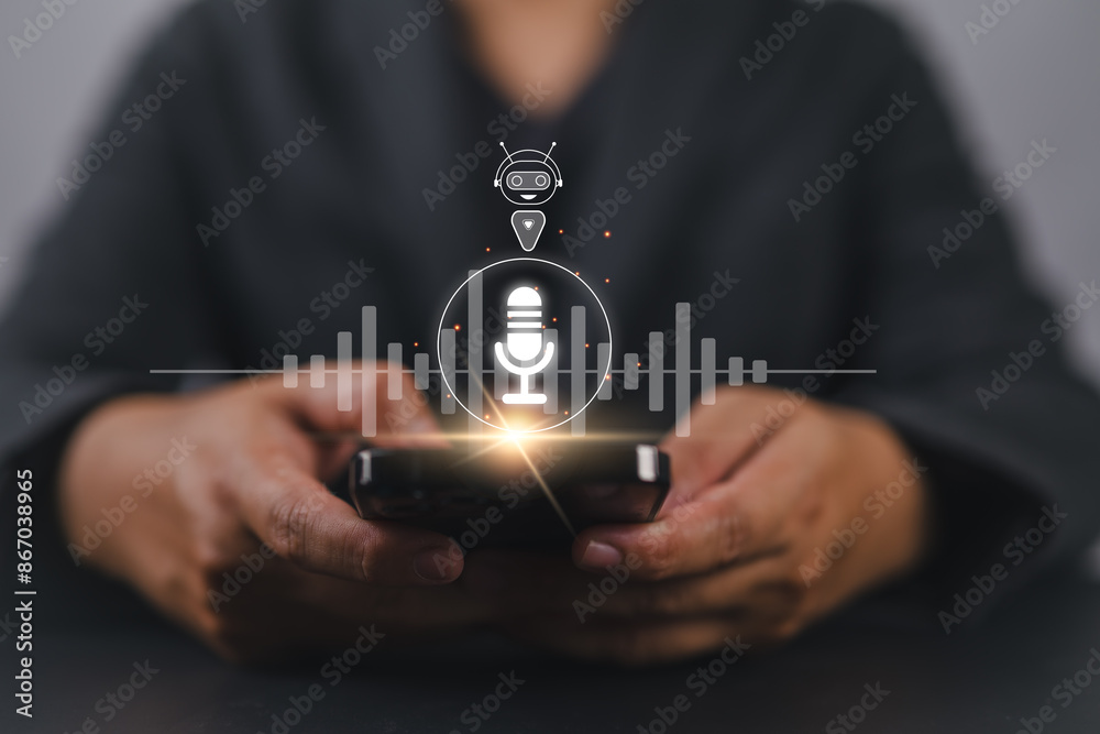 Fototapete Voice Recording and Use AI Enabled Internet Search for Easy Access to Information. Businessman using smartphone with voice icon on virtual screen for conversation with AI chatbot.