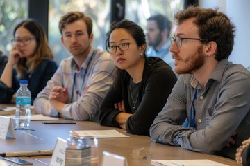 In the workplace, a varied group meets with AI interfaces and avatars displayed on screens for a business discussion AIG62