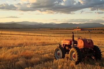 Obraz premium Red Tractor in a Field at Sunset
