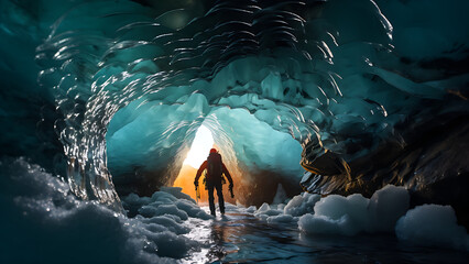 Obraz premium Ice Cave Explorer - Adventure Photography, Outdoors, Nature, Sports, Icicles, Winter